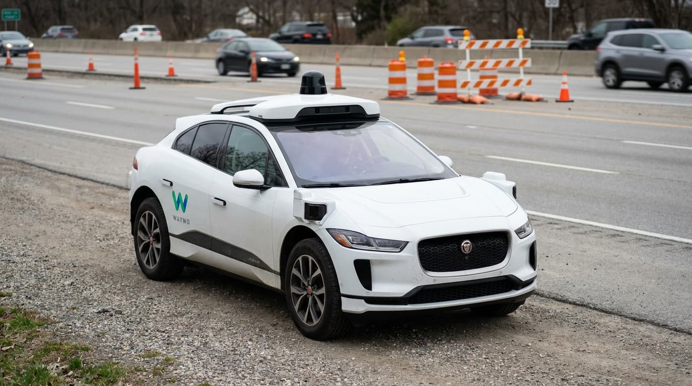 A white Waymo self-driving car on the side of a road next to a highway construction zone with orange traffic cones.