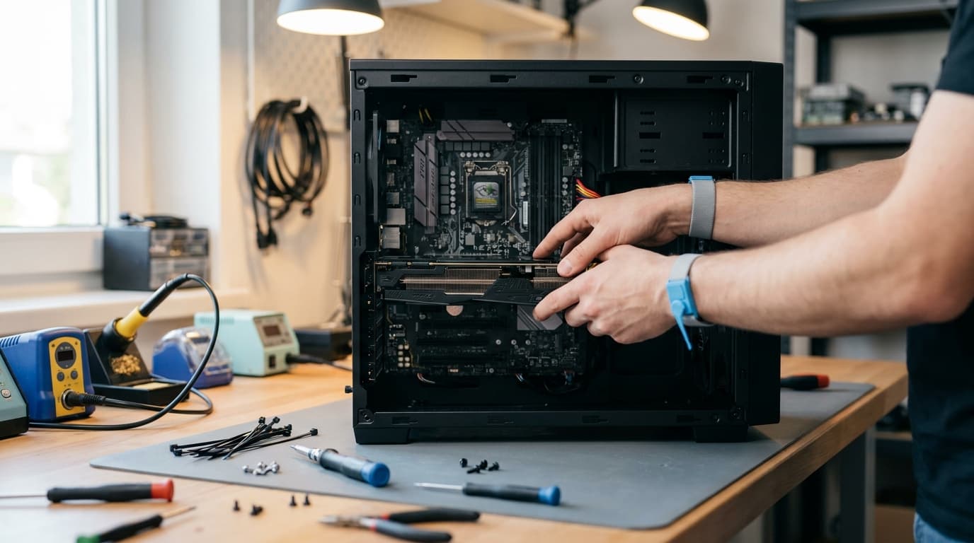 A close-up of a person's hands installing a graphics card into an open PC case on a workbench.