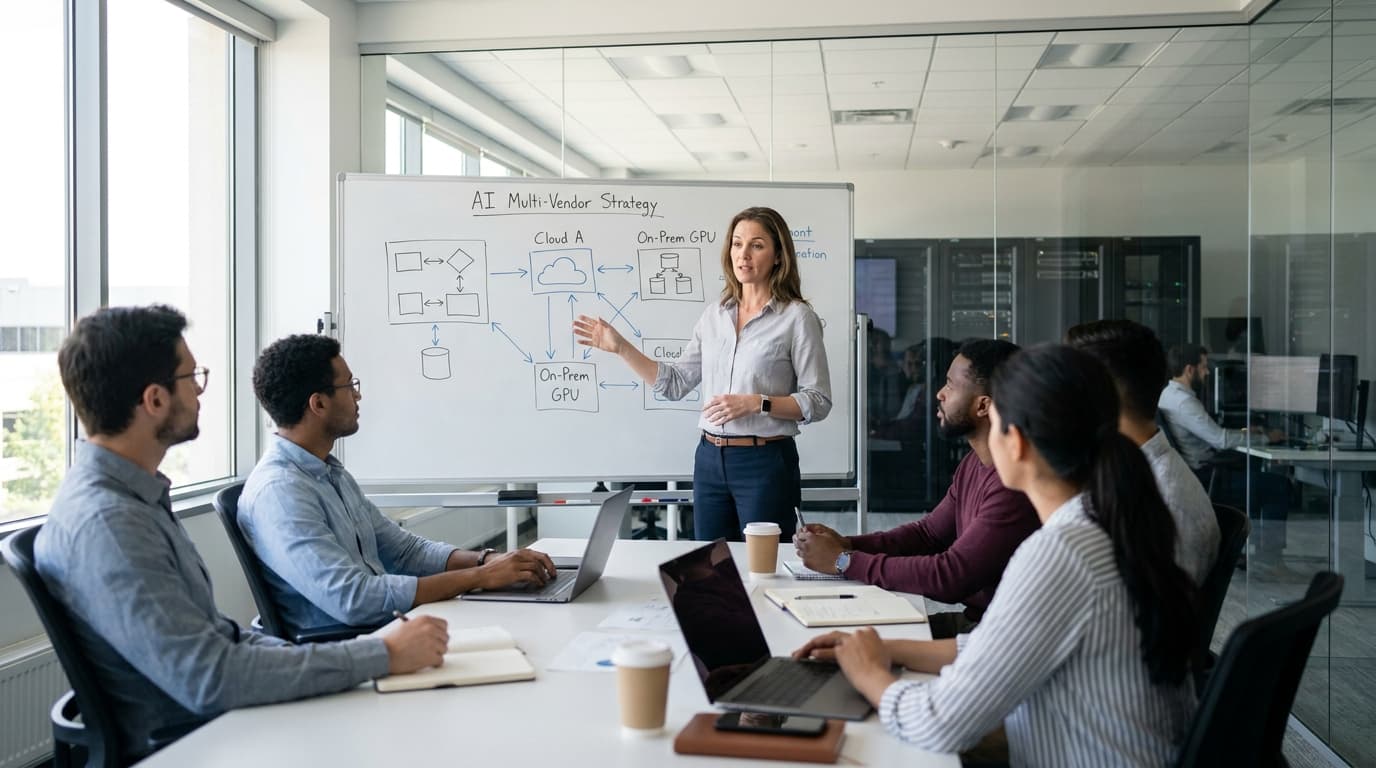A technology executive points to a whiteboard with system diagrams while leading a strategy meeting with their team in an office.