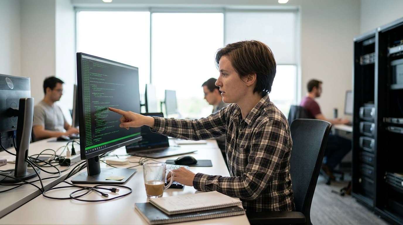A developer in an office environment reviews lines of code from an AI agent configuration file on their computer screen.