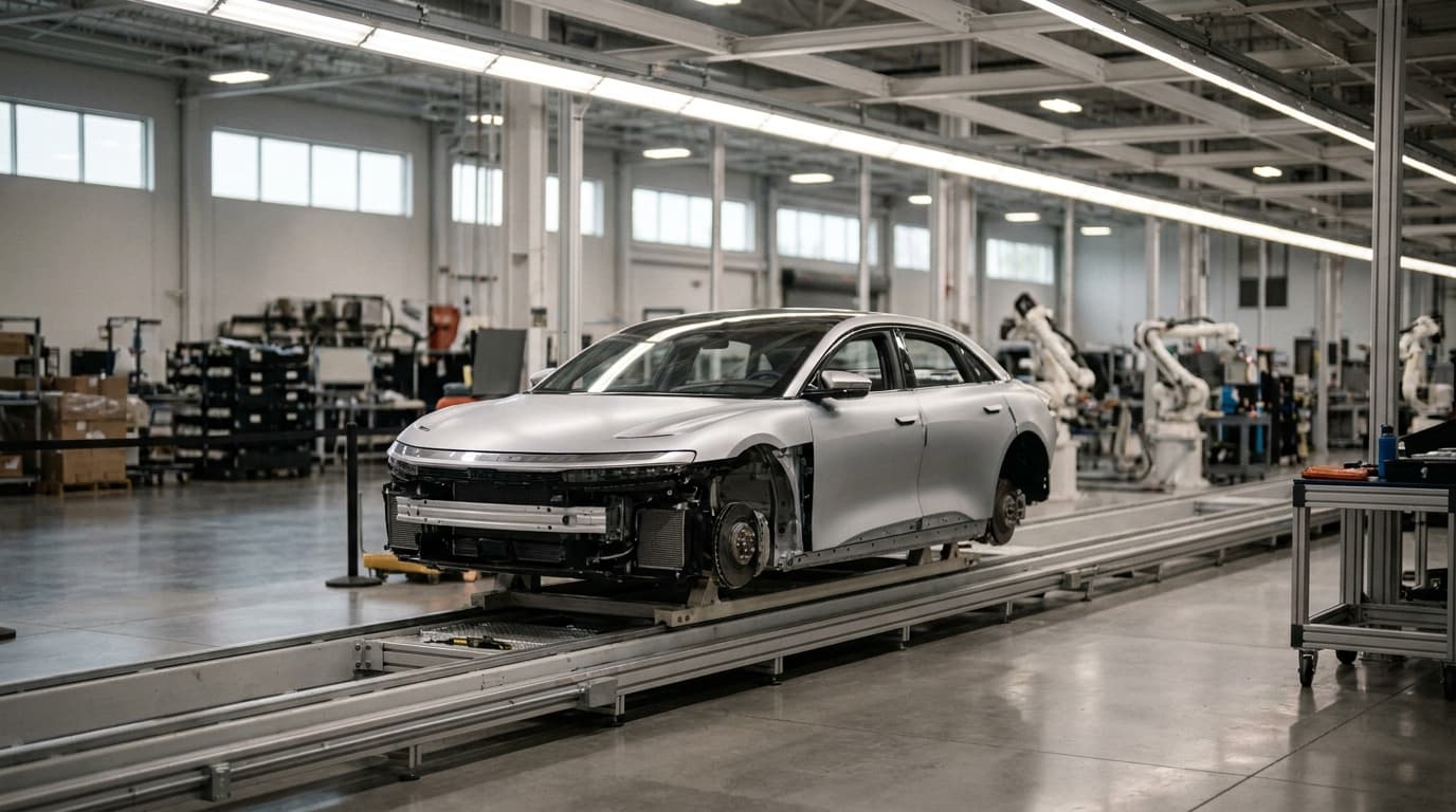 A silver Lucid Air electric car on an assembly line inside a modern, clean factory.