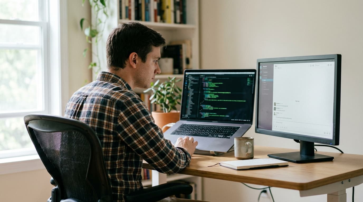 A developer coding on a laptop with a second monitor showing a chat application they are building.