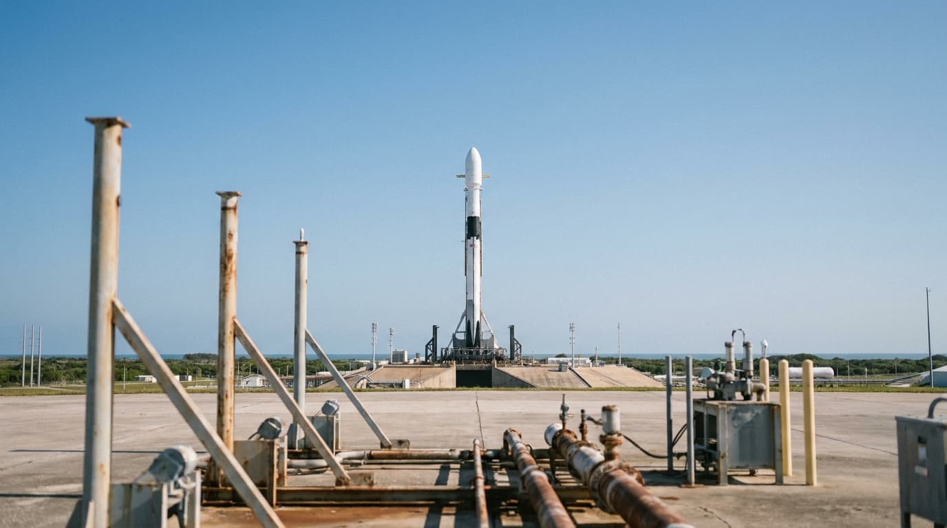 A SpaceX rocket stands on a launchpad at Kennedy Space Center, with ground support infrastructure in the surrounding area.