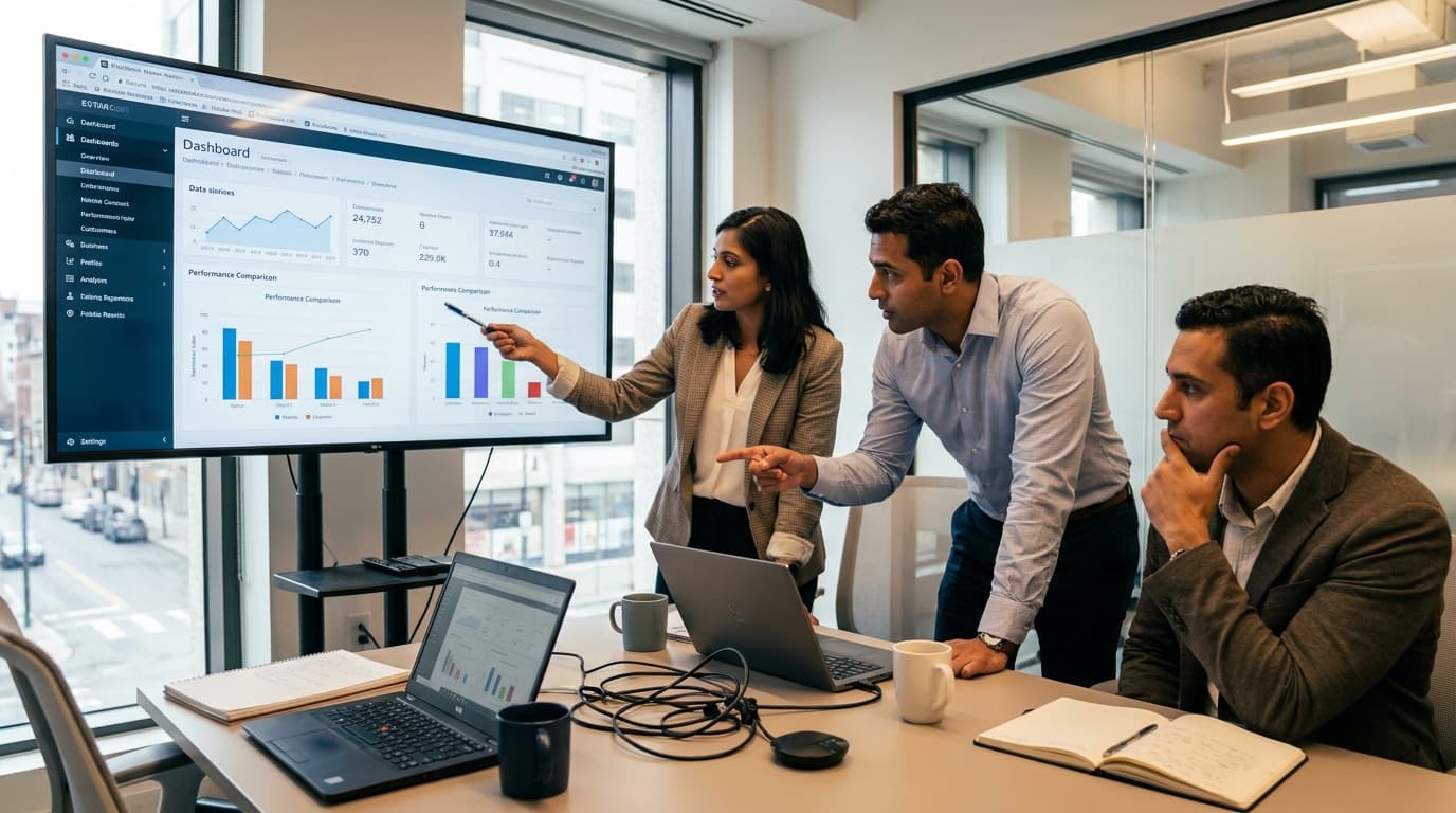 A team of technology leaders in a conference room analyzes cost and performance data on a large screen.