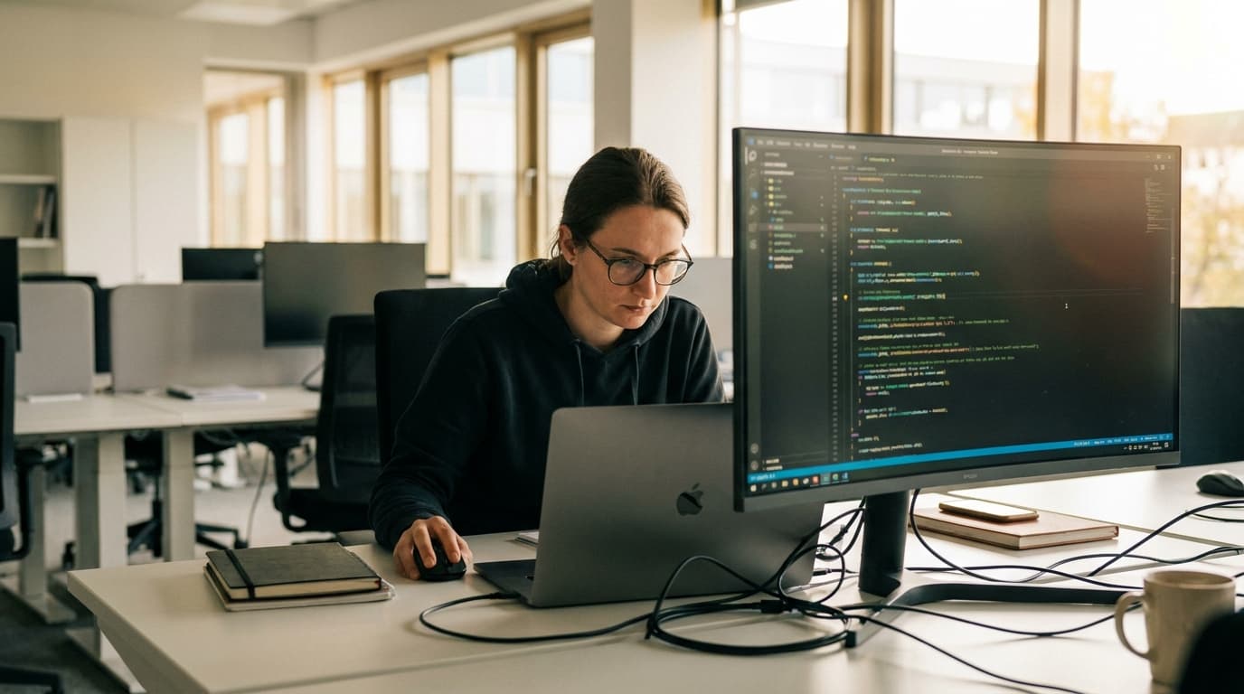 A cybersecurity professional reviews code on a computer screen in an office, analyzing potential software vulnerabilities.