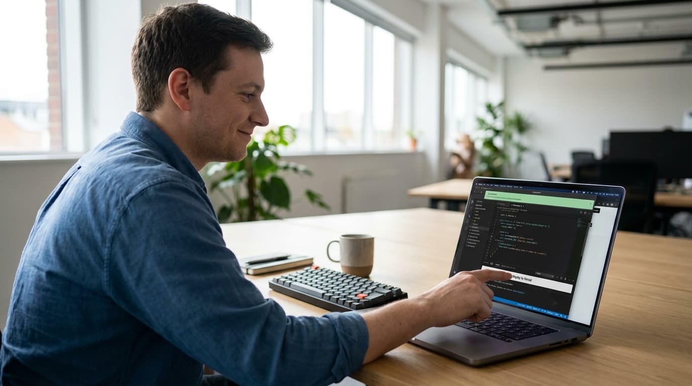 A developer at their desk uses a laptop to deploy a web design directly from an application to a hosting service.