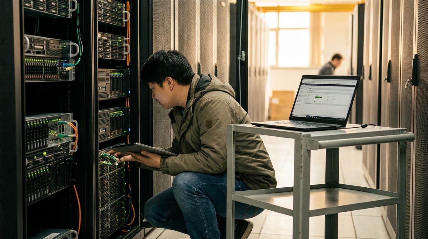 A database administrator works on a laptop in front of a server rack inside a modern data center.
