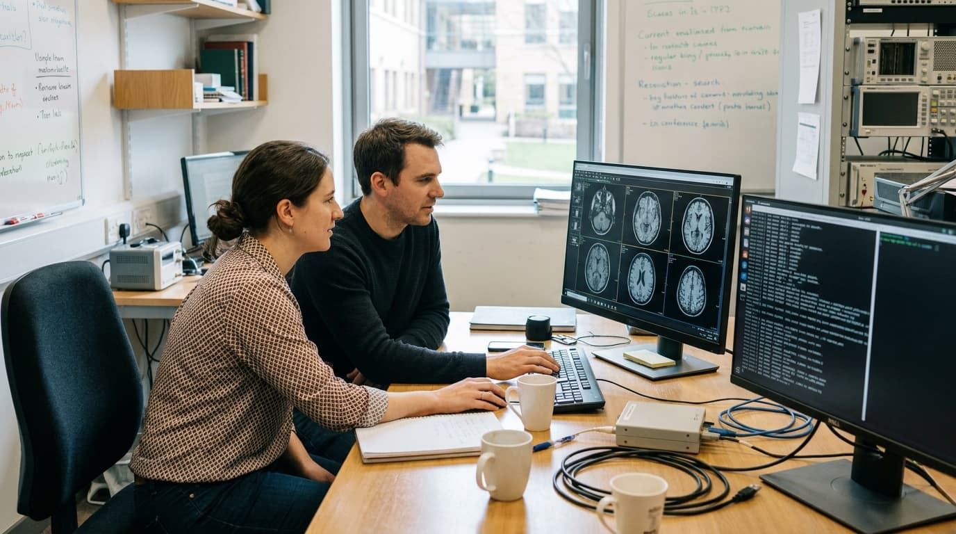 Two researchers in a lab collaborate over a computer showing brain scans and code on different monitors.