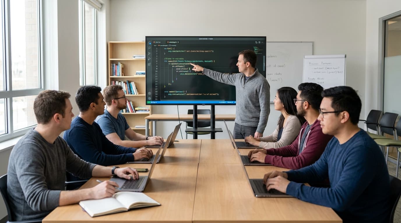 A group of software developers in a classroom learning about the Rust programming language from an instructor.