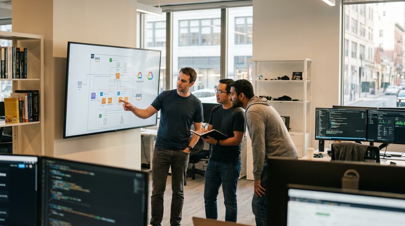Three engineers stand in an office looking at a large screen that shows a multi-cloud architecture diagram.