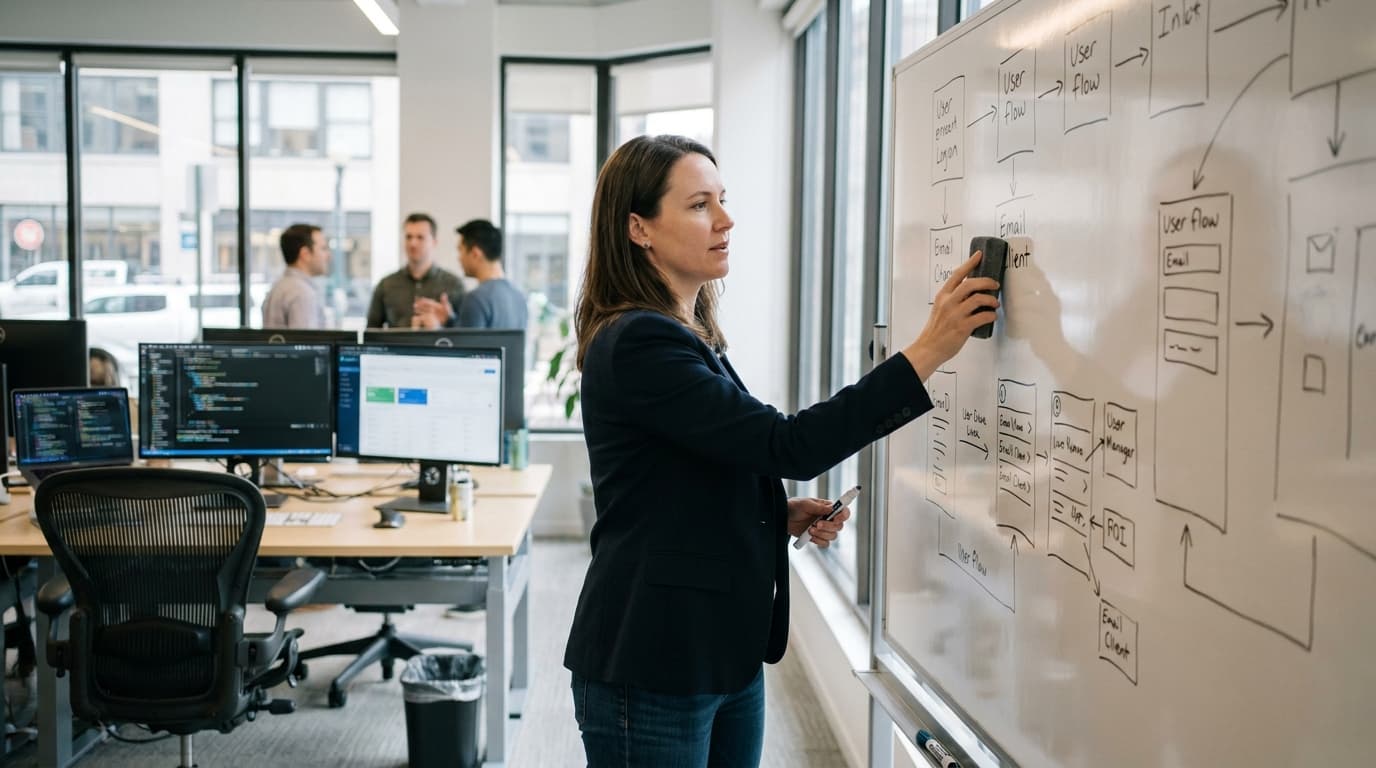 A person erases a diagram for an email client from a whiteboard in an office setting.