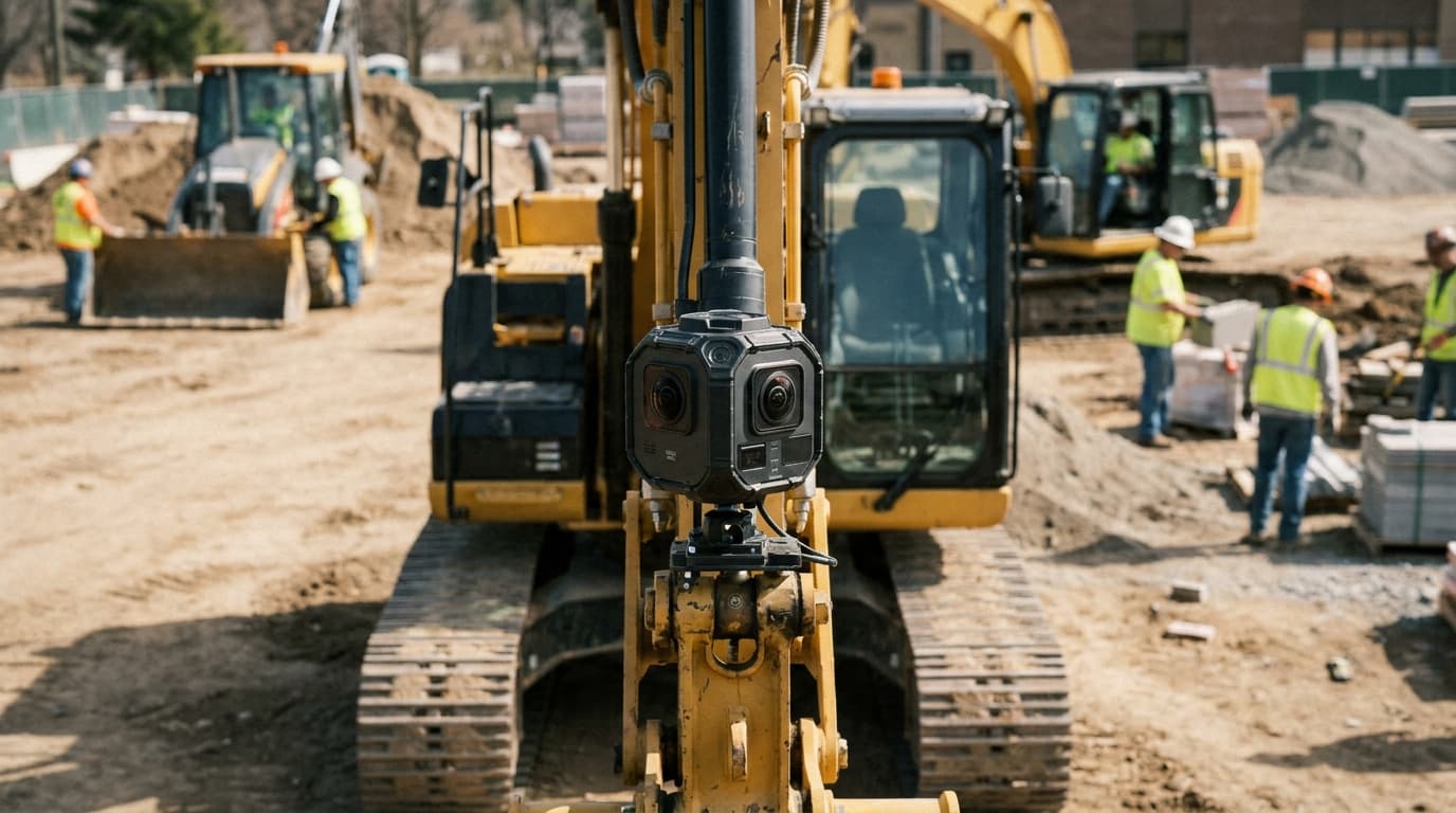 A Samsara 360 camera is mounted on a piece of heavy construction equipment at an active worksite.