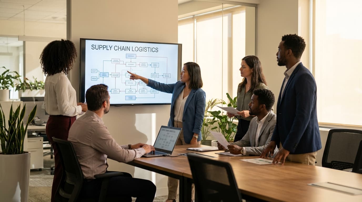 A team of professionals in an office collaborates around a screen showing a business process workflow, discussing an AI implementation.