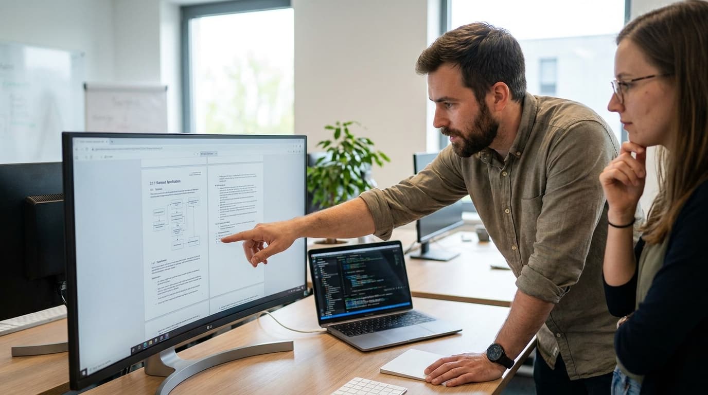 Two software developers discussing a technical specification document displayed on a large monitor in a bright office.