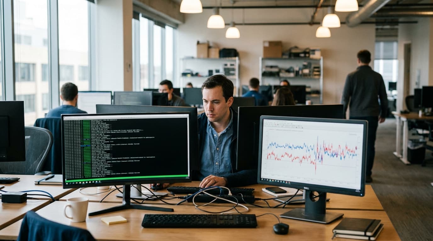 A network engineer analyzes code on a computer screen in an office setting, with a performance chart displayed on an adjacent monitor.