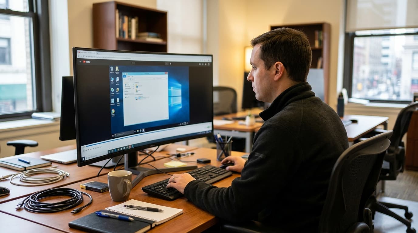 A security professional in an office reviews a recorded video of a user's remote desktop session on a computer monitor.