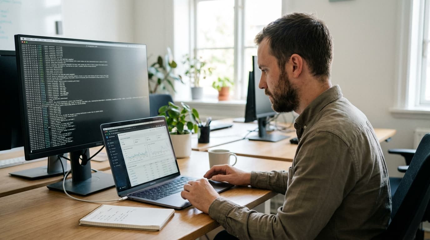 An engineer at a desk uses a laptop with a dashboard to monitor infrastructure, with a second monitor showing code.