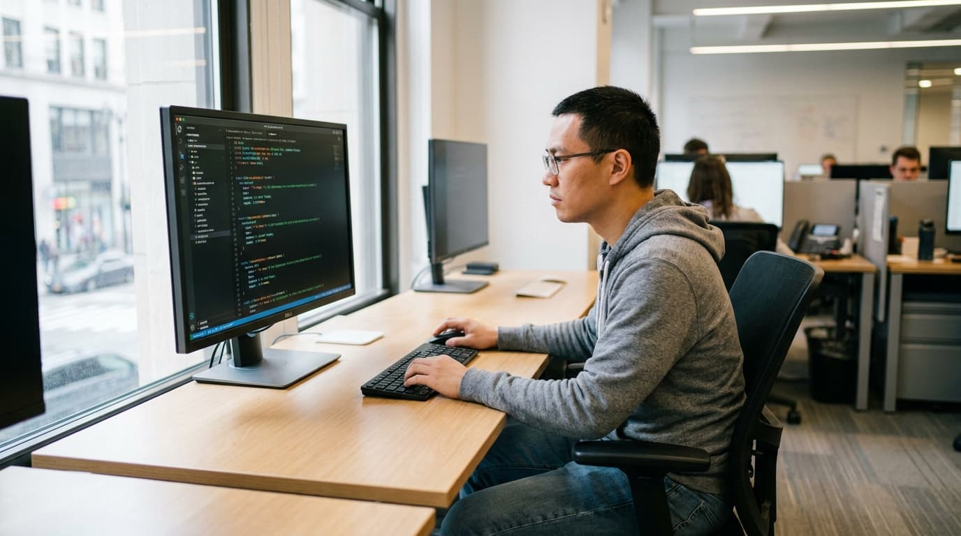 An engineer writing an SQL query on a computer monitor in an office to set up a system alert.