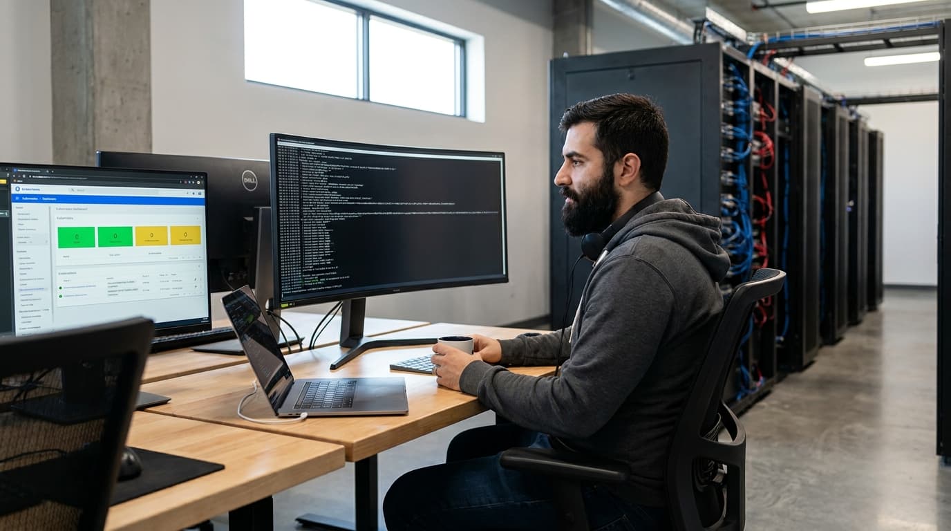 A software engineer working in an office, analyzing code on a computer screen showing a command-line interface and a dashboard.