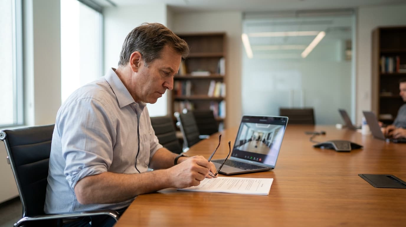 An executive in a modern office boardroom reviews a printed document at a large table with a laptop.