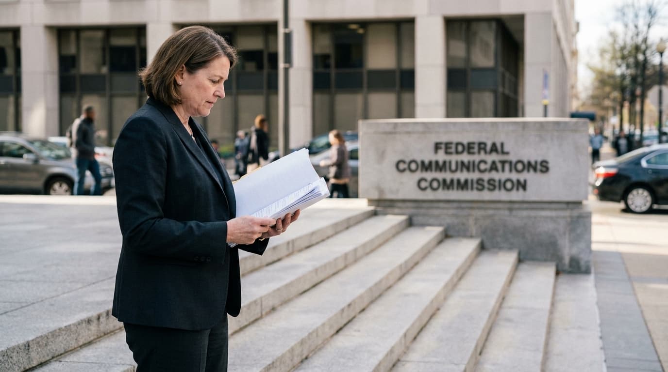 A person in a suit reviews a document outside the Federal Communications Commission building.