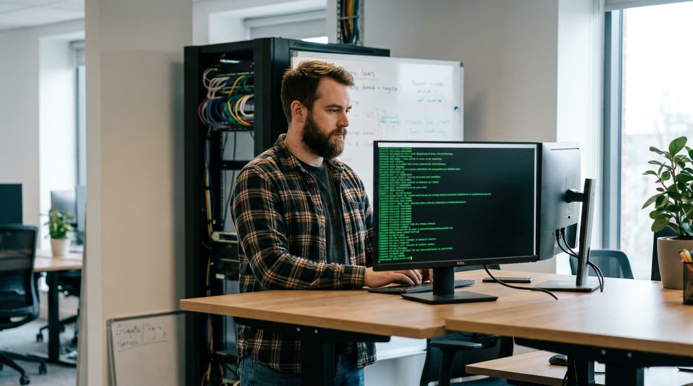 An engineer works on a computer in an office with a server rack in the background, representing infrastructure management.