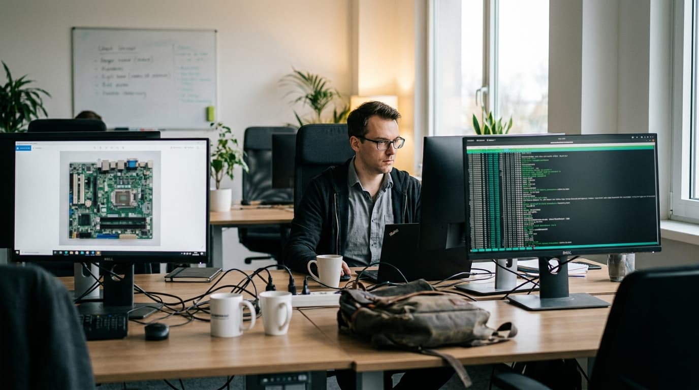 A security analyst studies an image on a computer screen in an office, with a second monitor displaying programming code.
