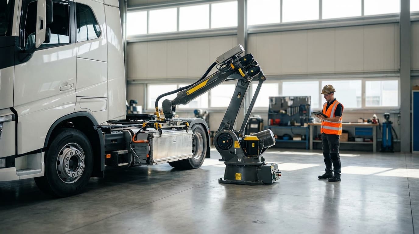A robotic arm swaps a large battery pack on an electric truck inside a modern, brightly lit service hub.