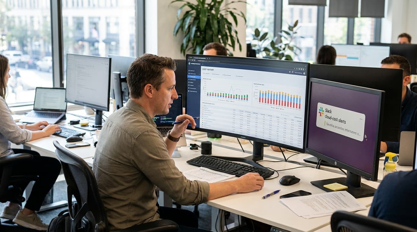 An office worker analyzes a financial dashboard on a computer monitor, with a messaging app open on an adjacent screen.