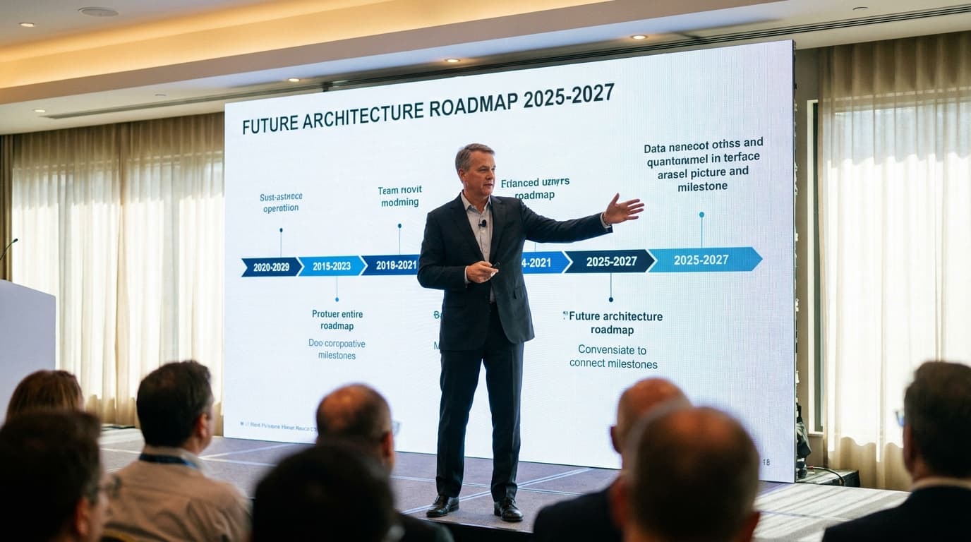 An executive on a stage presents AMD's new server CPU roadmap during a technology conference keynote.