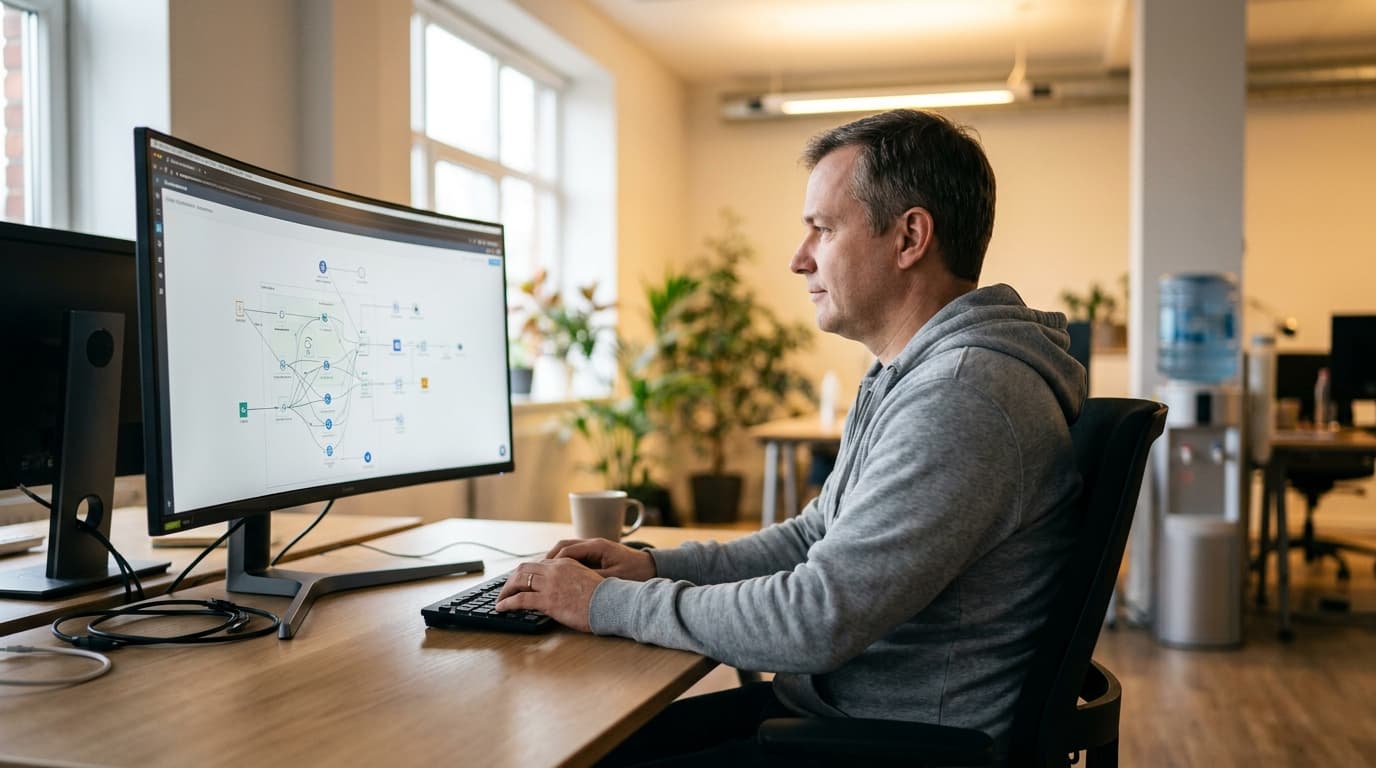 An engineer in an office reviews a system dependency map on a large computer monitor.
