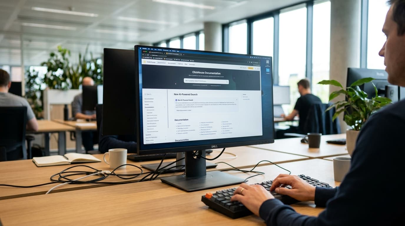 A data engineer uses the new AI-powered search feature on the ClickHouse documentation website on their computer.