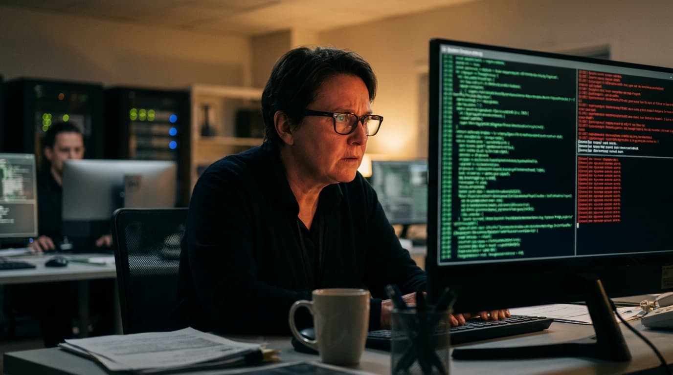 A security operations center analyst studies code and alerts on a large computer monitor in a dark office.