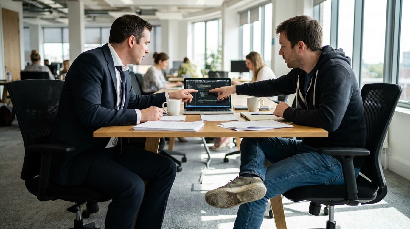 A lawyer and a developer reviewing geofencing compliance code together on a laptop in a modern office.