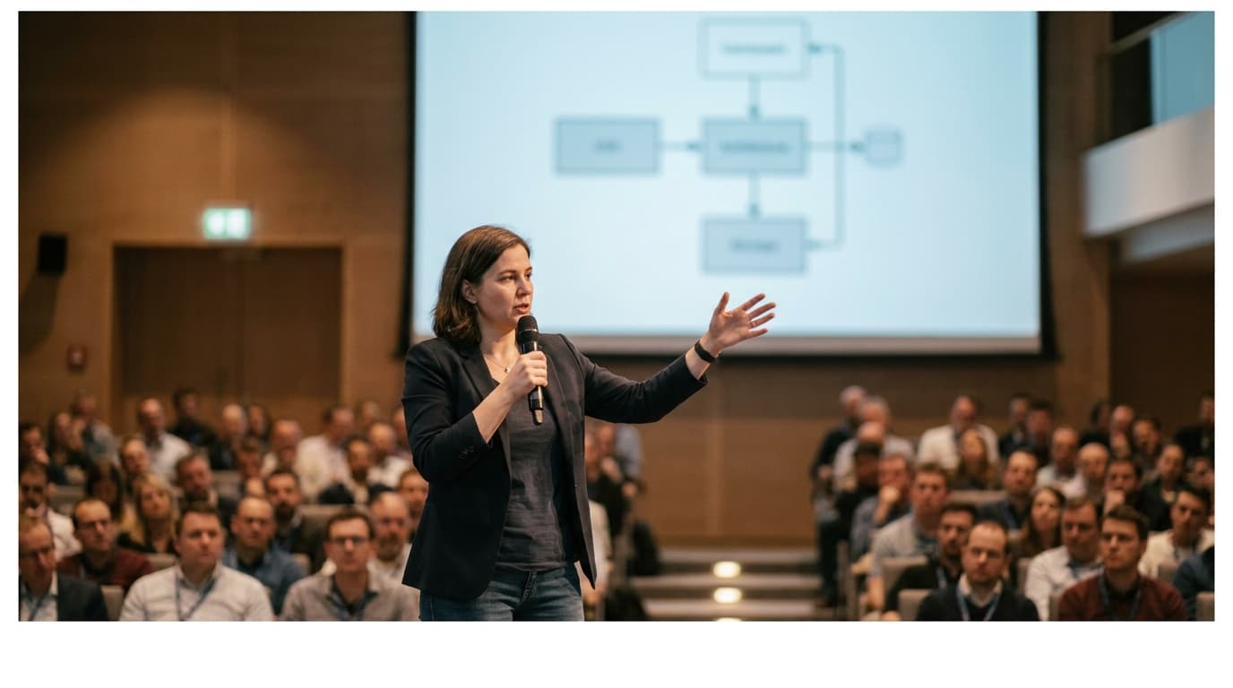 A speaker on a conference stage presents a technical architecture diagram to an audience in an auditorium.