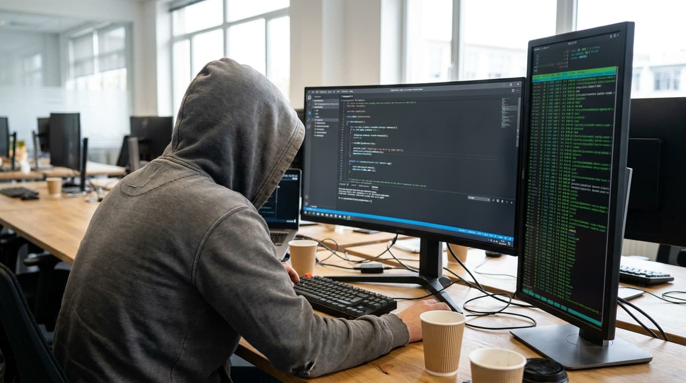 A developer reviews complex source code on a large computer monitor in a modern office setting.
