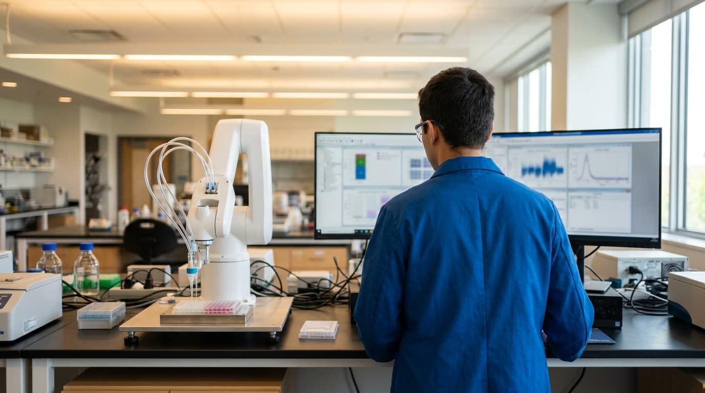 A scientist in a modern laboratory watches a robotic arm conduct an automated experiment on a series of test samples.