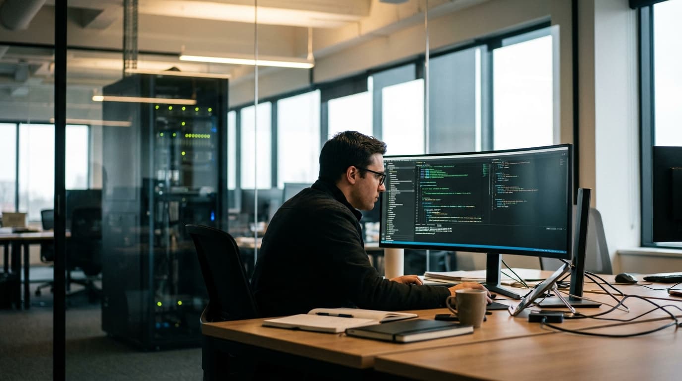 A security professional sits at a desk in an office, analyzing code on a computer screen.