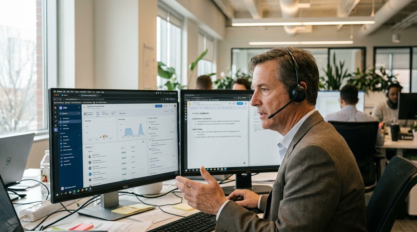 A sales professional at an office desk uses a computer with an AI-powered sales dashboard and a headset for a customer call.