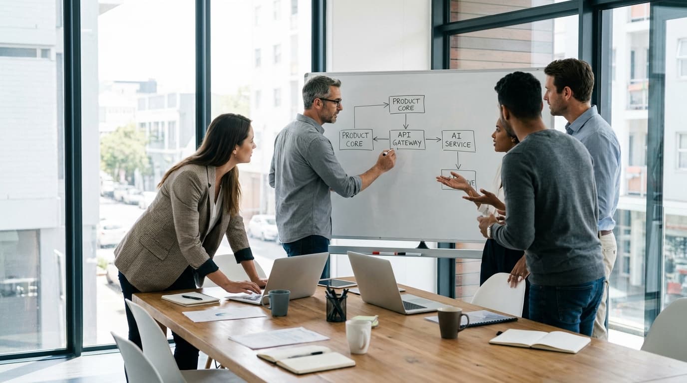 A team of business executives in a conference room strategizing around a whiteboard showing a product architecture diagram.