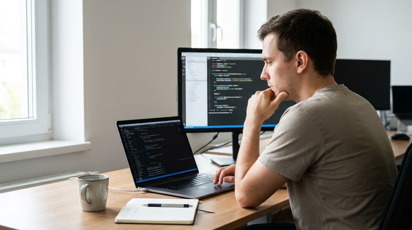A developer at their desk analyzes code on a laptop, illustrating the use of AI in software engineering.