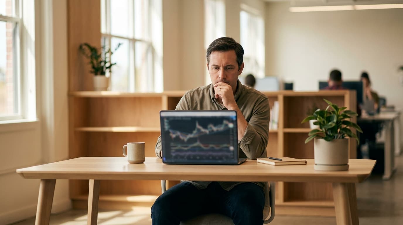 A data engineer in a modern office analyzes performance graphs on a laptop screen at their desk.