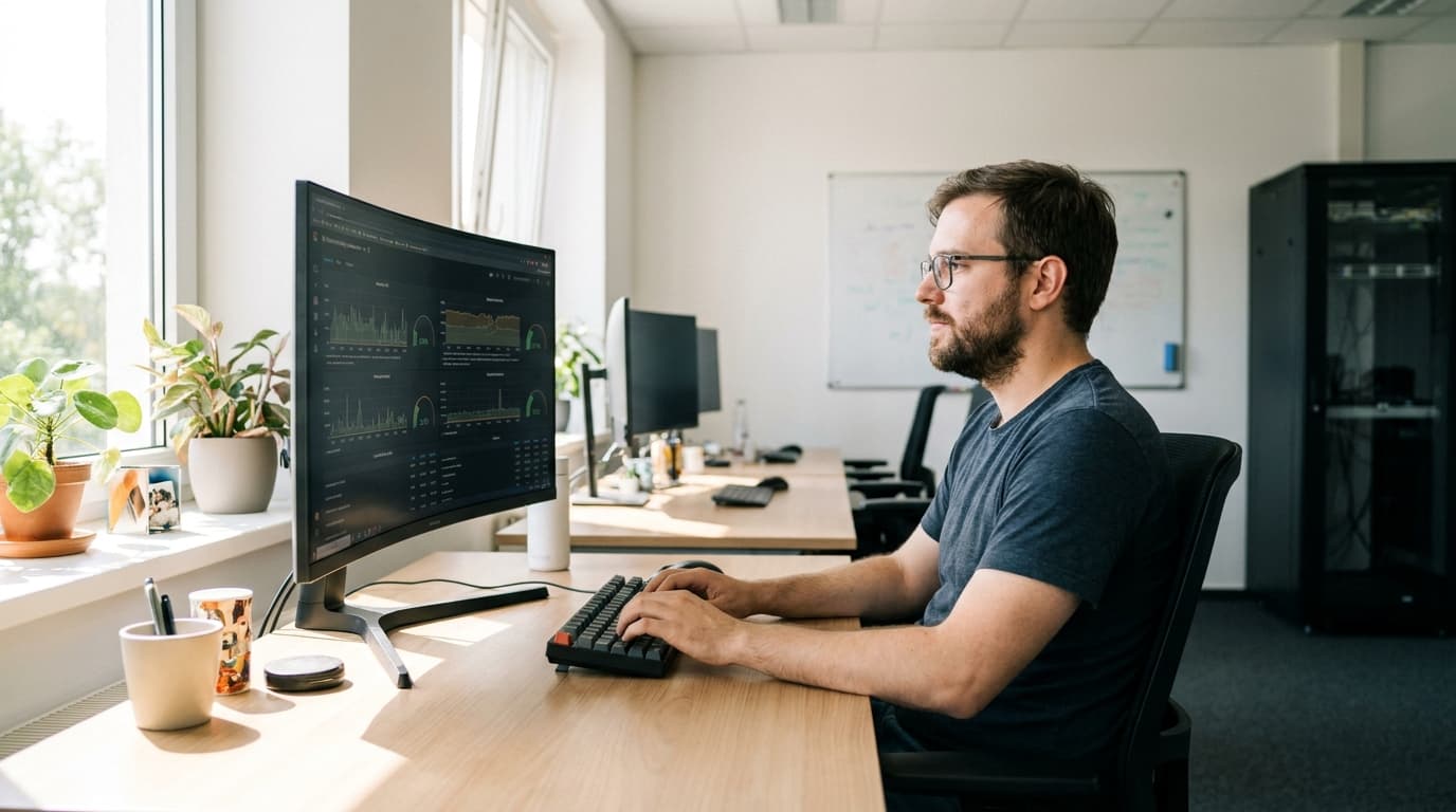 An engineer in an office environment uses a computer with a Grafana dashboard, interacting with the AI assistant feature.