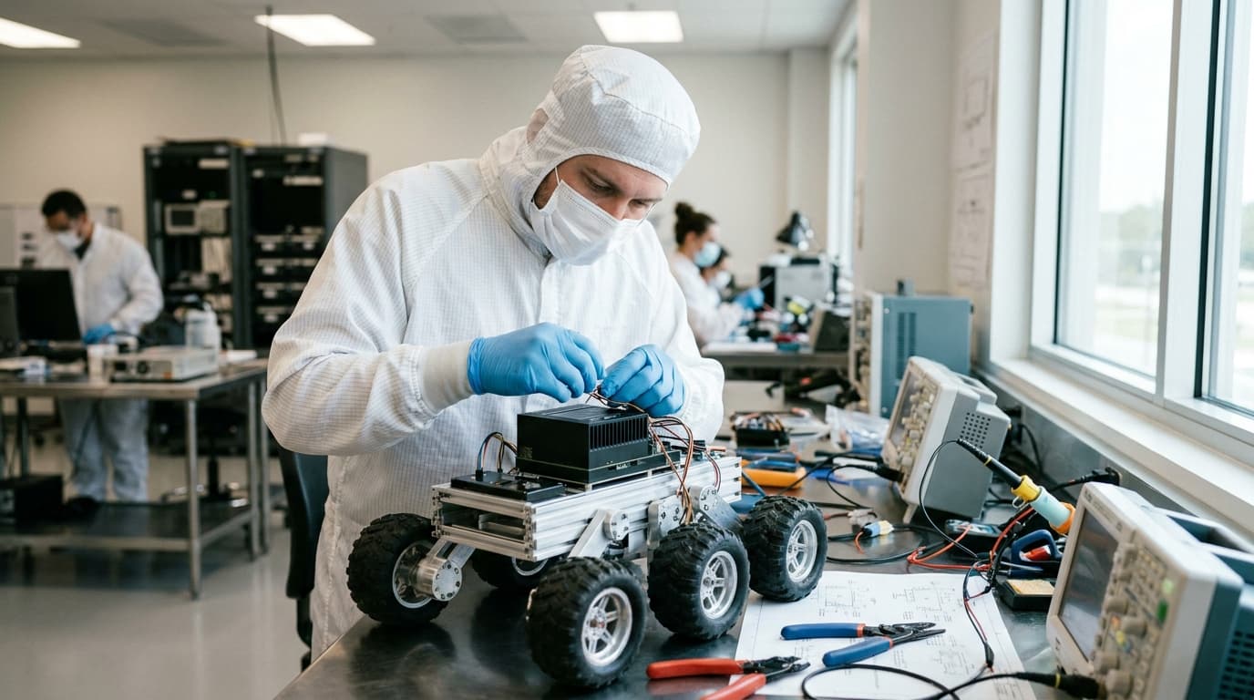 An engineer works on the electronics of a small lunar rover prototype inside a brightly lit technology laboratory.