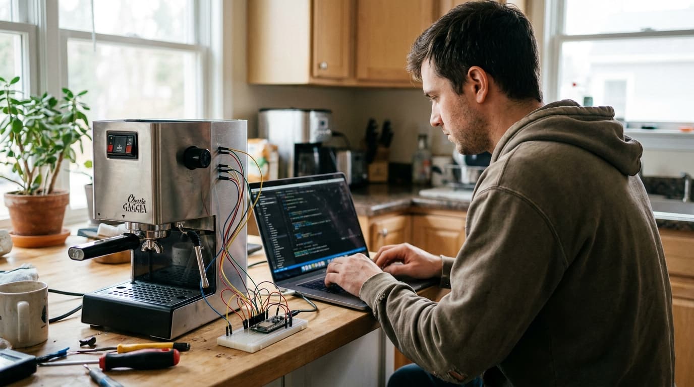 An engineer's laptop and a microcontroller board sit next to an espresso machine on a kitchen counter.