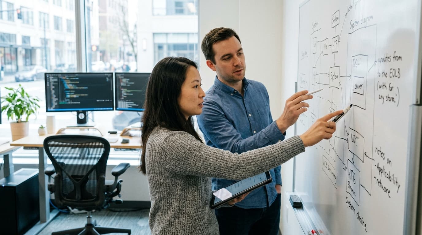 Two technology professionals discuss a security architecture diagram for an AI system on an office whiteboard.
