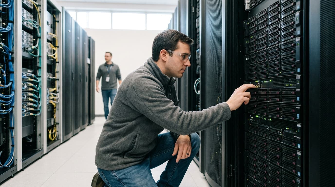 An IT engineer inspects a server rack filled with high-performance storage hardware in a clean, modern data center.