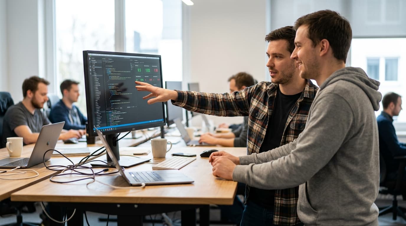 Two developers discuss code and performance data for an e-commerce website on a large monitor in an office.