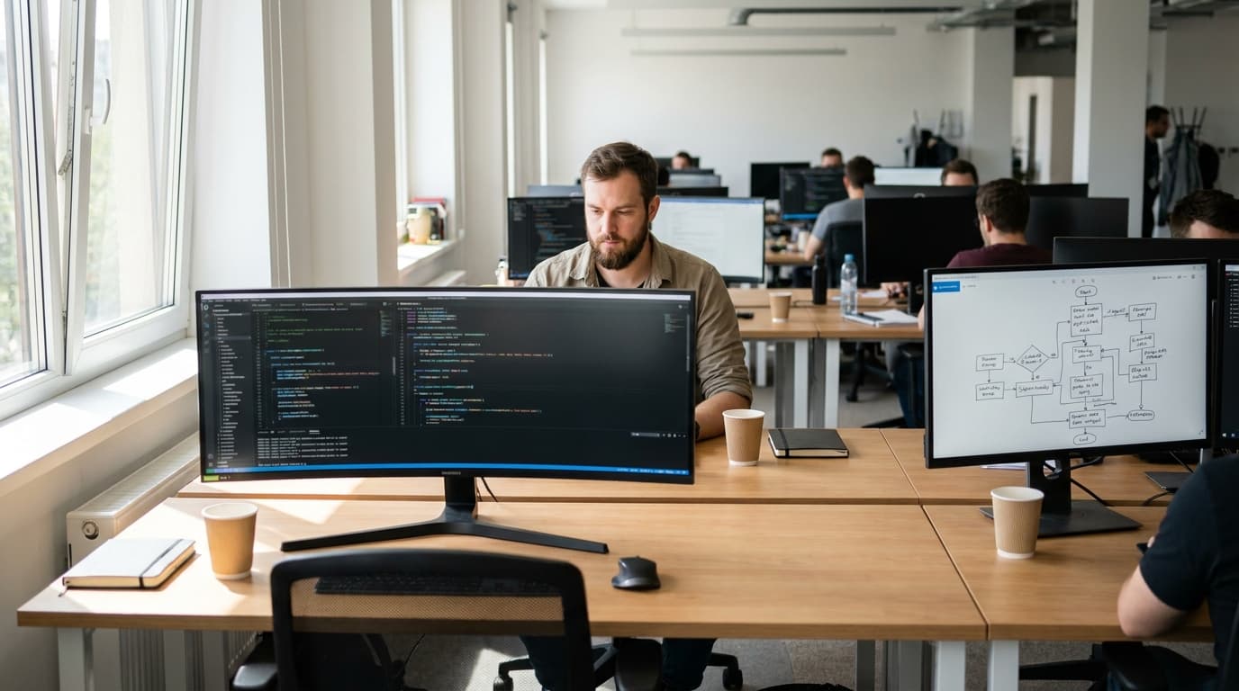 A developer at a desk reviews code on one monitor while a diagram of a complex task is shown on a second monitor.