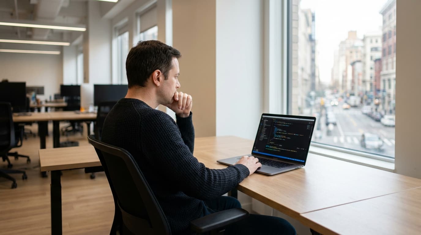 A data engineer works on a laptop in a modern office, writing a SQL query to analyze data.